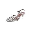 Elegantes Sandalias Romanas de Punta con Tacón Medio de Metal de Correa Fina Francesa Verano 2025 Tacón Grueso Pequeño Hebilla de Una Línea Piel Genuina para Mujer
