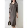 Otoño e Invierno Perezoso Nueva Lana Largo Medio Vestido de Solapa para Mujer Moda Sobre la Rodilla Cachemira Base Vestido Suéter