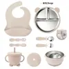 Novo adorável conjunto de tigelas de aço inoxidável em formato de urso, 8 peças, com ventosas na parte inferior e design de três compartimentos, um conjunto para alimentação de bebê