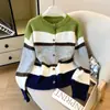 Outono e Inverno Novo Estilo Coreano Moda Versátil Cor Blocada Malha Fina Cardigã Casual Versátil Suéter