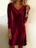 Vestido de Terciopelo de Venta Caliente Transfronterizo 2026 para Mujer, Otoño e Invierno, Elegante Cuello Drapeado, Corte Ajustado, Favorecedor, Elegante Vestido de Terciopelo de Longitud Media