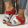 Transfronterizo 2023 Color de Verano Bloque de Color Casual Europeo y Americano Sin Cierre Cuña Hueca Adulto de Una Correa Chanclas para Mujer en Tallas Grandes Sandalias