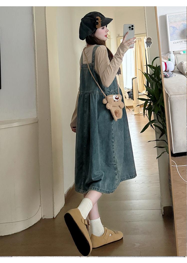 孕妇装春秋吊带牛仔连衣裙