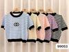 Top de Tricô de Manga Curta Listrado Color-Block Vazado para Mulheres, Novo Estilo Verão 2025, Doce e Tendência, Top Nicho Modelador de Cintura Alta