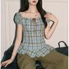 2025 Verano Encaje Retro Manga Corta Cuadros Camisa Corta para Mujer Babydoll Manga Abullonada Cintura