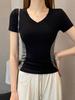 Camiseta de Manga Corta con Cuello en V y Bloques de Color Dulce y Picante Estilo Americano para Mujer, Nuevo Modelo Verano 2026, Top de Alta Gama Ajustado a la Cintura