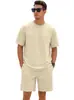 Traje casual de verão masculino para comércio exterior transfronteiriço com top solto de gola redonda, shorts de perna reta com cordão e padrão xadrez pequeno em jacquard