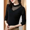 Camisa Base de Malha Preta Feminina Primavera e Outono 2022 Nova Camiseta de Manga Longa Colarinho Médio Elegante Primavera Renda Top