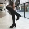 Botas hasta la rodilla, botas de montar para mujer, gamuza, tacón grueso, cordones en la espalda, pelo sintético, de caña alta, gamuza, goma, tacón alto, punta redonda