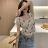 Estilo Transfronterizo Tejido de Punto para Mujer Delgado Corto Ajustado Floral de Cerezo Manga Corta Chaqueta Cárdigan Pequeña Verano Nuevo Top