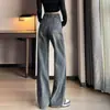 Jeans Rectos Gris Cemento para Mujer, Otoño e Invierno, Favorecedores de la Figura, Diseño Vintage, Estilo Americano, Tiro Alto, Bolsillos, Pantalones de Pierna Ancha Estrecha