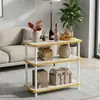 Mesa Lateral Pequena Móvel para Quarto, Mesa de Centro de Madeira de Bambu com Rodinhas, Prateleira de Armazenamento, Mesa de Centro Simples com Padrão de Mármore para Sala de Estar