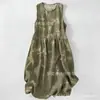 Vestido Casual de Algodão Puro com Estampa Digital Nova, Gola Redonda, Sem Mangas, Comprimento Médio, Para Mulheres, Verão na Praia