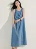 Vestido colete jeans retrô estiloso, novas roupas de verão femininas, vestido de manga para o trabalho, algodão azul, Sudeste Asiático, outros
