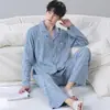 Pijama de algodón puro para hombre para primavera y otoño, estilo cárdigan, manga larga y pantalón largo, diseño simple para hombre, adecuado para usar en exteriores, conjunto casual de ropa de casa 100% algodón