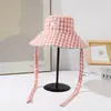 Sombrero de Pescador de Estilo Coreano a Cuadros con Ala Ancha y Cordones para Mujer, Ala Grande de Verano, Sombrero de Sombrilla para Adelgazar la Cara, Sombrero de Protección Solar, Sombrero de Cubo