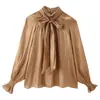 Camisa de Gasa Estilo Europeo con Caída, Lazo para Atar, Manga Larga para Mujer, Cuello Alto, Plisada, Elegante, Top de Color Sólido