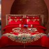 Conjunto de Casamento de Algodão de Fibra Longa de Quatro Peças, Conjunto de Roupa de Cama Festivo de Nove Peças de Algodão Puro Vermelho Brilhante para Casamento, Dragão e Fênix Festivos de Casamento