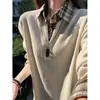 Estilo Old Money Estampa de Espiga de Trigo Camisa Polo com Capuz Falsa de Duas Peças Masculina Outono Patchwork Xadrez Design Tricô Camiseta de Manga Longa