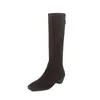 Botas de Caballero Estilo Coreano Adelgazantes para Envolver la Pierna 2025 Tacón Medio Grueso Punta Cuadrada Piel de Albaricoque Botas Altas Elásticas para Mujer