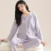 Ropa de dormir de algodón puro para mujer, manga larga, pantalones largos, suéter con cuello en V, talla grande, para primavera y otoño, se puede usar fuera de casa