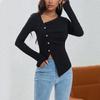Ropa Europea y Americana Transfronteriza para Mujer Otoño e Invierno 2026 Diseño Plisado Botón Camiseta Base de Punto Irregular Top Elegante