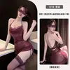 Lencería sexy en múltiples colores, malla de encaje hueca transparente con un cuello de bolsillo, uniforme de falda corta de dos piezas ajustado, disponible para dropshipping