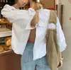 Camisa Branca Casual de Gola Alta Estilo Francês para Mulheres 2026 Novo Design com Mangas Bufantes, Costas Abertas com Amarração Top Solto