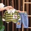 Traje de ropa de primavera para niños 2024 Nuevo Conjunto de dos piezas Polo con cabeza de oso a rayas para bebés y niños, ropa casual de moda para bebés