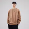 Camiseta de manga comprida pesada de cor sólida para primavera e outono para homens, branca, corte solto, tamanho grande, gola redonda, peça básica, moletom