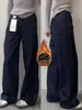 Jeans Anchos Gruesos Forrados de Polar Azul Oscuro para Mujer 2026 Nueva Llegada de Invierno Pantalones Rectos Holgados Adelgazantes de Cintura Alta Petite