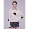 Suéter jacquard de cinco pontas em contraste preto e branco estilo francês com mangas sino, acinturado, top único afina a silhueta para mulheres, blusa básica para primavera e outono