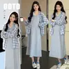 Novedades de Alta Calidad Primavera y Verano para el Embarazo: Conjunto de Dos Piezas de Camisa a Cuadros Fresca Clásica y Vestido Camiseta para Mamás con Estilo