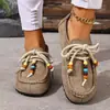 Otoño 2025 Talla Grande Comercio Exterior Casual Nuevos Mocasines para Mujer Transfronterizos Gamuza Con Cordones Punta Redonda Zapatos de Suela Gruesa Retro Bordados