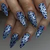 Uñas Postizas Decoradas Azul Hielo Ojo de Gato Estampado Leopardo Plata Destello Azul Leopardo Largo Almendra Manicura Fría y Seductora Chica Popular Uñas Postizas Desmontables
