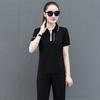Conjunto Esportivo de Lapela para Mulheres, Novo Estilo Verão 2026, Conjunto Elegante Plus Size para Mães, Camiseta Patchwork de Manga Curta, Conjunto Casual de Duas Peças