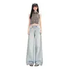 Jeans Feminino Laranja Jovem#Design Desgastado com Dobras Lavadas Perna Larga Solto Emagrecedor Personalidade Tendência Versátil Calças Compridas