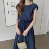 Vestido elegante coreano de verano 2020, nuevo, con cordón, cintura ajustada, adelgazante, talla grande, de algodón y lino, elegante, vestido largo con vuelo grande.