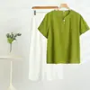 Traje de Pantalón Corto de Manga Corta de Algodón y Seda con Cuello Redondo para Mujer 2025 Camiseta Fresca Transpirable Elástica para Mujer Pantalón con Botones