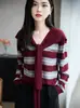Suéter de Punto Rayado Color-Block Estilo Francés para Mujer, Suéter de Manga Larga Holgado de Moda para Vestir por Capas, Elegante Camisa Base que Reduce la Edad