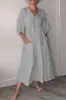 Site Independente Amazon Europeu e Americano Transfronteiriço Outono Vestido Casual de Algodão e Linho Feminino Decote V Profundo Plissado Cor Sólida com Bolsos
