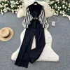 Vestido Listrado Colorido Estilo Maduro Leve com Manga Lanterna Cintura Apertada Gola Alta Calças Femininas de Cintura Alta Slim Calças Pantalona