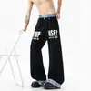 Calça jeans patchwork de cintura dupla estilo americano para mulheres e homens, design empilhado de alta rua para o verão, calças com bainha curva e estampa de letras, calças de perna reta