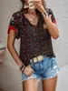 2024 Europeu e Americano Amazon transfronteiriço feminino verão novo casual estilo étnico estampado gola V manga curta solta camisa
