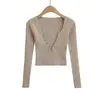 Mono Sexy con Cuello en V Abotonado Estilo Europeo y Americano Manga Larga Sexy Elástico Ajustado Versátil Color Sólido Camisa Base