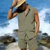 2026 Terno de Linho Masculino Europeu e Americano de Verão Transfronteiriço Praia Havaiano Lapela Camisa sem Manga Bermuda Terno para Homens