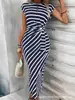 Elegante Vestido Largo a Rayas con Cinturón Estilo Transfronterizo, Cuello Redondo y Manga Corta para Mujer de Verano, Vestido de Mujer de Alta Gama