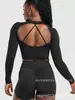 Top deportivo para mujer Shark de manga larga, sin costuras, de secado rápido, con espalda cruzada y almohadilla en el pecho incorporada, estilo europeo y americano, para fitness y yoga