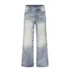 Jeans Acampanados Desgastados Lavado Degradado para Hombre, Estilo Callejero Americano, Lavado Vintage, Pliegue Blanco, Pantalones Largos Sueltos de Pierna Ancha