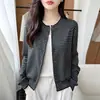Cardigan de Punto a Rayas Retro Francés Cuello Redondo para Mujer Primavera Otoño Nuevo Manga Larga Camisa Base Suéter de Punto Fino Chaqueta Top